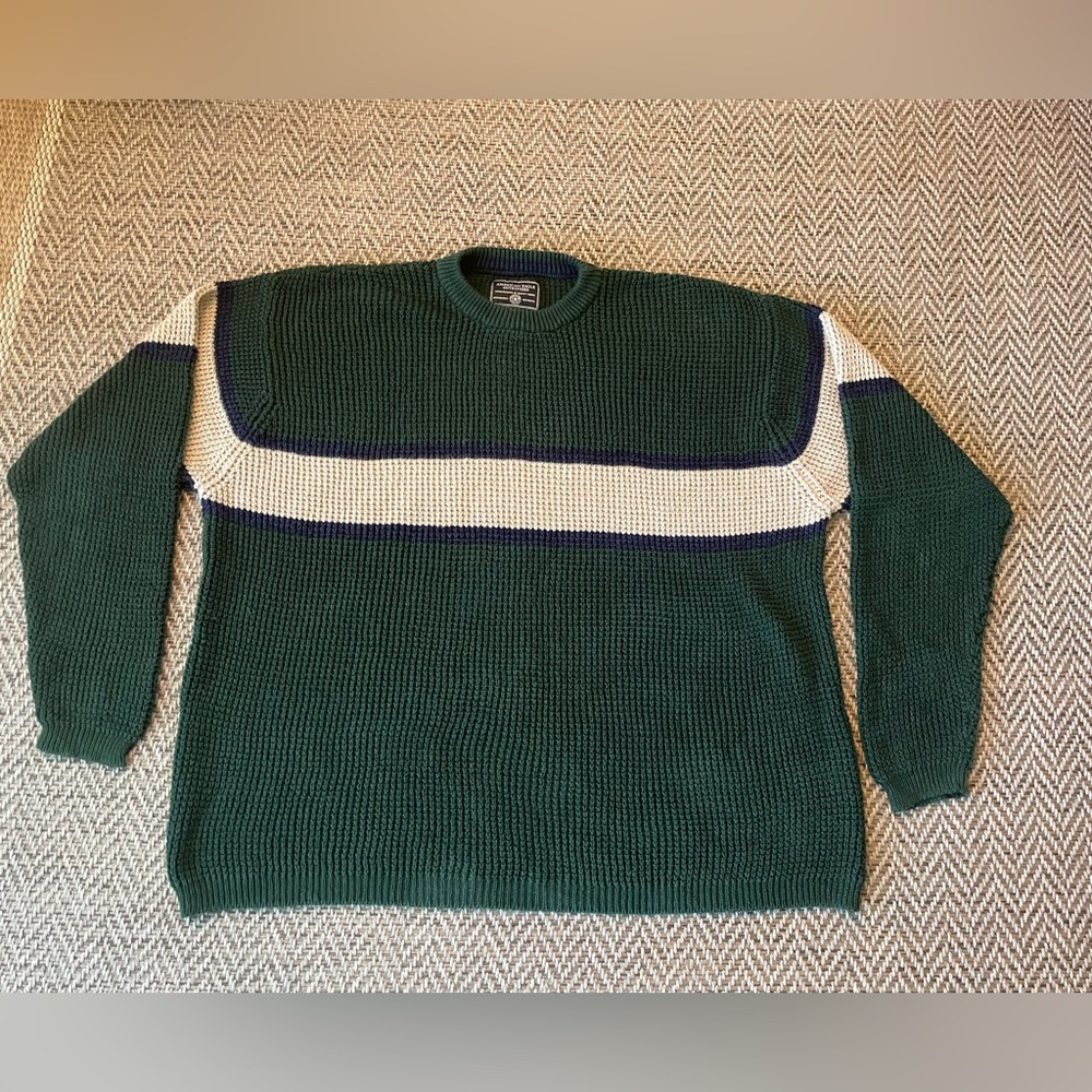 American Eagle men’s XL chunky knit sweater dark green w/ cream stripe